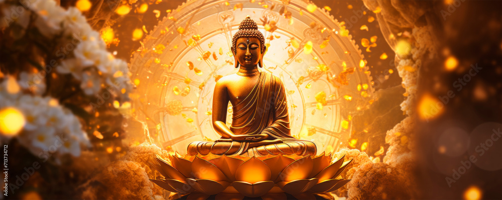 A golden Buddha statue sits in lotus pose, lit by candles and flowers, creating a warm, inviting glow against a backdrop of mystical smoke and flowers. Meditation and spiritual practices. Buddhism. A golden Buddha statue sits in lotus pose, lit by candles and flowers, creating a warm, inviting glow against a backdrop of mystical smoke and flowers. Meditation and spiritual practices. Buddhism.