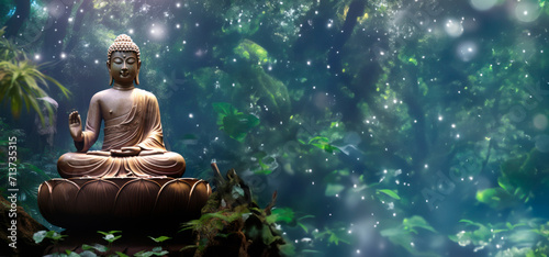 Buddha statue in deep meditation in a space forest, against ethereal background with star and nebula. Spiritual growth. Meditation and eastern spiritual practices. esoteric practices. Astral Travel photo