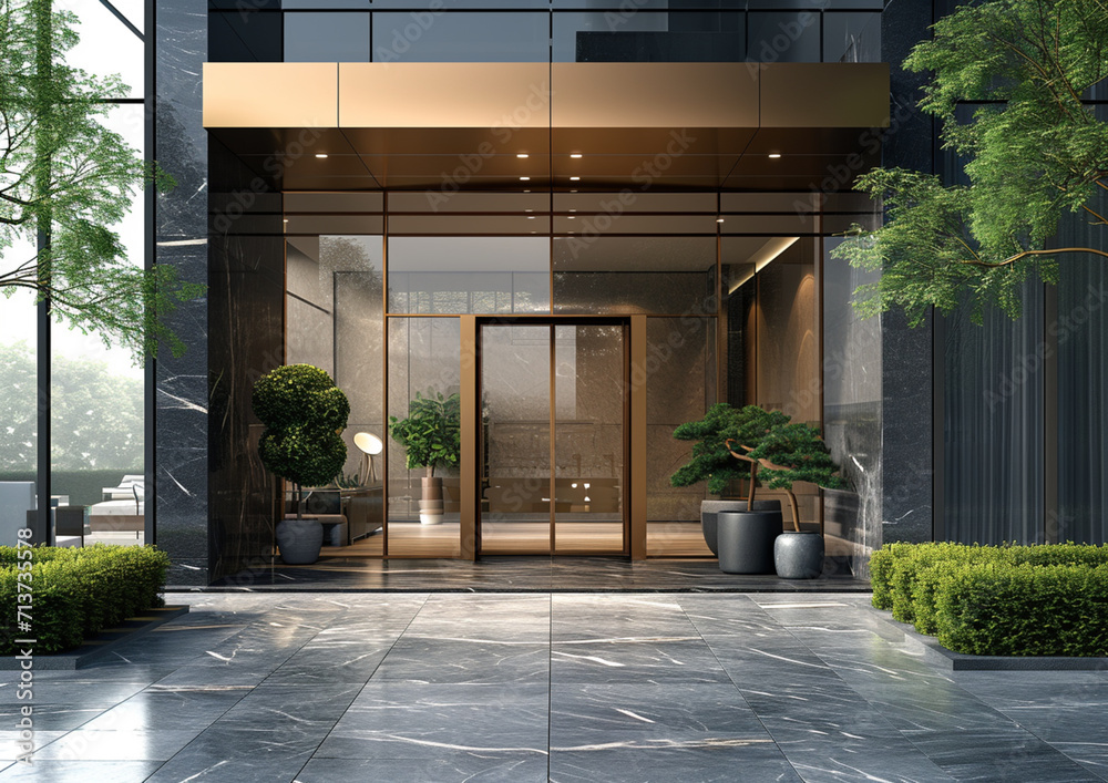 Entrance of a contemporary office building with innovative design elements. Modern interior design concept.