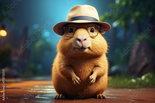 cute capybara with hat and glasses photo