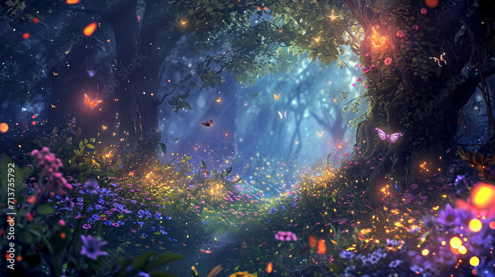 Enchanted forest with whimsical creatures, sparkling fireflies, and vibrant flora, creating a magical and whimsical scene, whimsical, enchanted forest, hd, with copy space