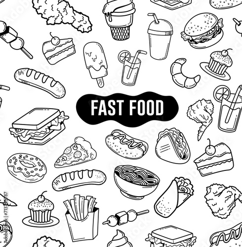 seamless pattern background Hand drawn fast food doodle vector. Set of fast food vector illustration with line design.