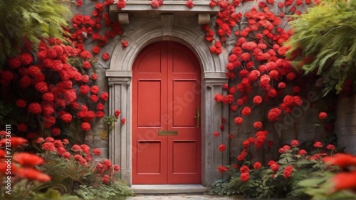 red door with flowers