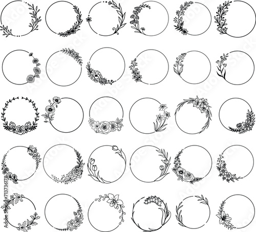Set of flowers circle frames for design element for logo, stamp design, invitation, entraving and so on. Vector illustration botanical including bluebells, poppy, rose, aster tulips,daffodil, narcissu