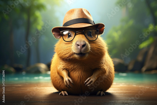 cute capybara with hat and glasses photo
