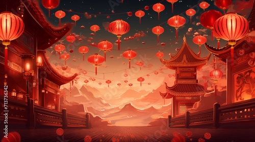 Chinese temple with red lanterns and clouds in the sky, illustration