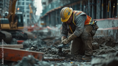 Construction workers are using a trowel at a construction site.