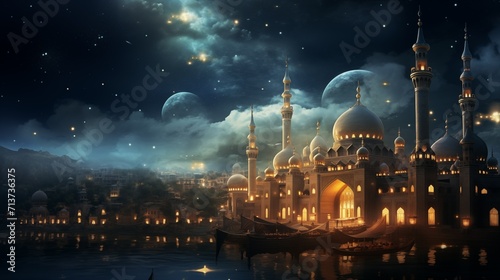 Ramadan Kareem background with mosque and people. Ramadan Kareem background