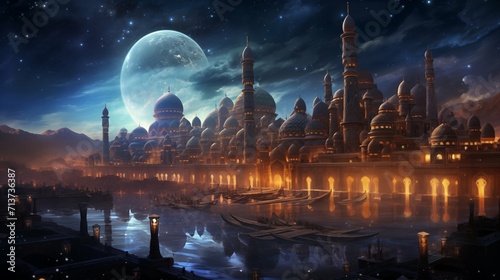 Ramadan Kareem background with mosque and people. Ramadan Kareem background