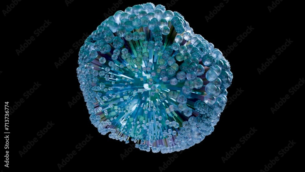 Abstract geometric pattern of 3d render spheres, loop, Dynamic motion design, waves of spheres moving up and down on blue  sphere, neon lights, sci-fi, Colorful ball, alpha channel, 3D Animation