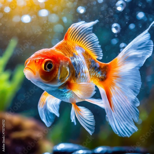 the beauty of goldfish gliding through crystal-clear aquarium water. Emphasize the play of light on their scales and the serene atmosphere of their underwater world.