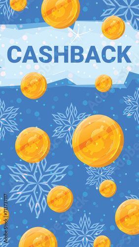 Golden coins falling with snowflake designs on blue background, cashback concept. Sales rebate, winter promotion, finance savings vector illustration.