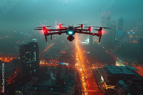 Urban drone traffic controller, high angle, managing autonomous drone delivery, futuristic cityscape, early spring, neon and holographic lighting, dusk,generative ai