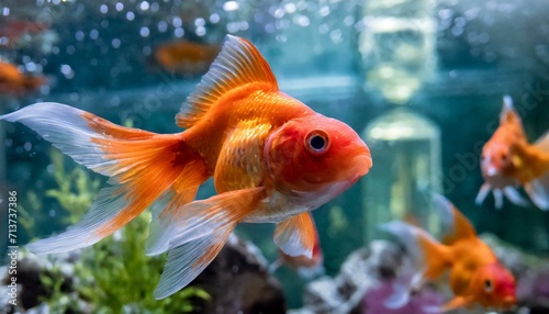 fish in aquarium.a visually stunning scene of brilliantly colored goldfish swimming gracefully in a pristine aquarium. Focus on the details of their scales and the clarity of the water, creating a tra