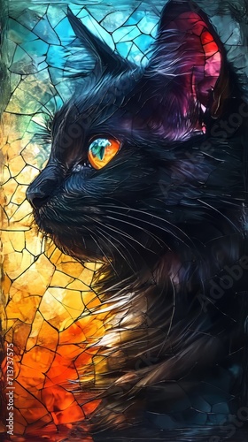 Stained glass art depicting a beautiful cat. 