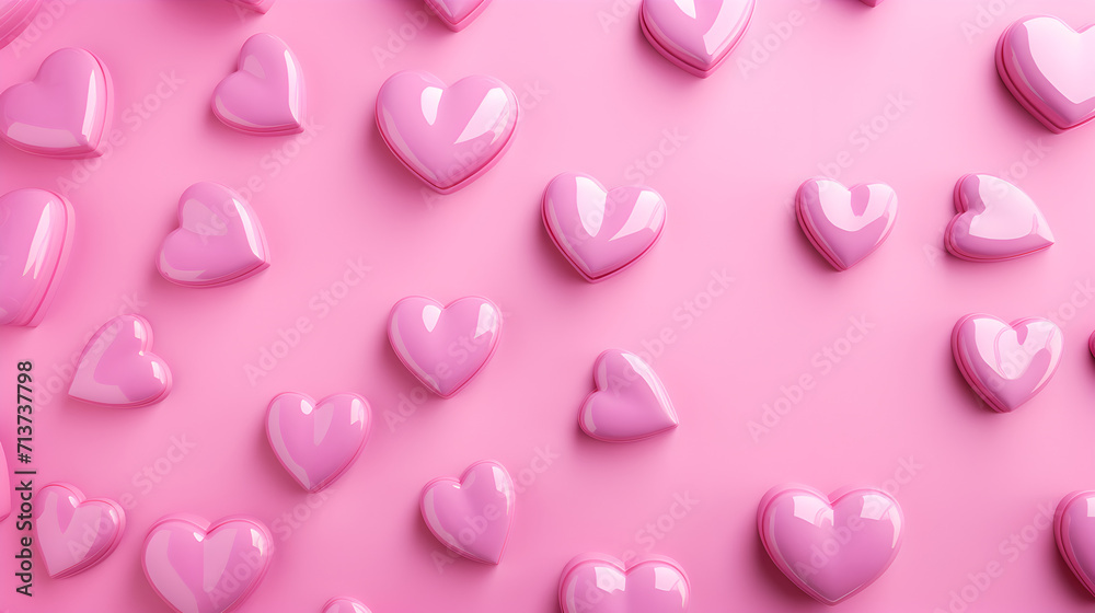 Composition for Valentine's Day on February 14. Pink background and colorful hearts, seamless pattern. Postcard, banner. Flat lay, top view,,
White hearts on barbie pink background Valentines day