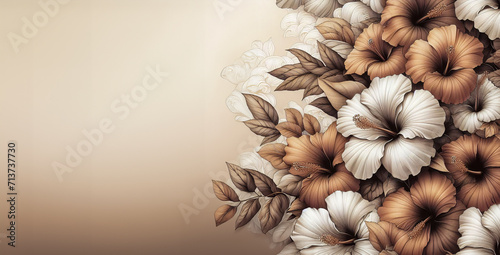 Hibiscus Flowers Leaves Background. White, Bronze, Brown, Beige. Floral Leaf Wallpaper Banner Backdrop photo