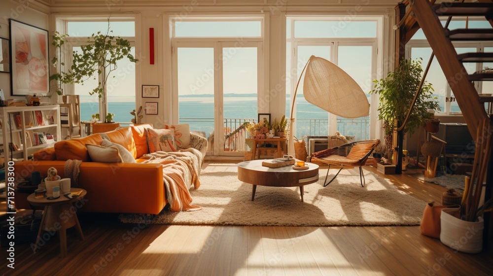 Artistically decorated seaside apartment with abundant natural light, featuring a vibrant orange sofa and eclectic decor, with a stunning ocean view.