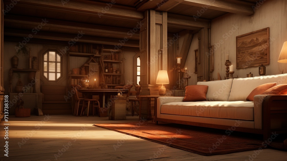 This inviting rustic cabin interior is bathed in soft, warm light, featuring a comfortable couch, wooden furniture, and charming pottery accents. This inviting rustic cabin interior is bathed in soft, warm light, featuring a comfortable couch, wooden furniture, and charming pottery accents.