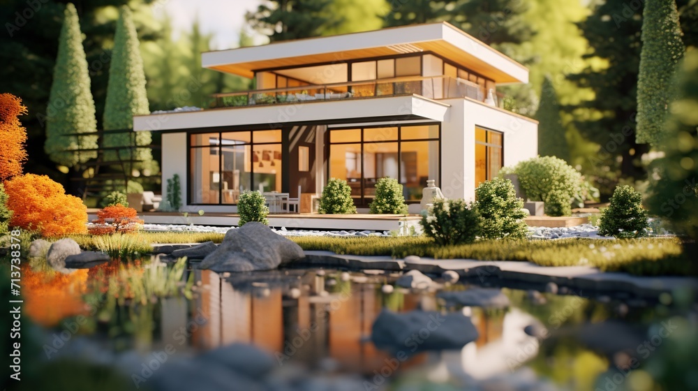 A detailed miniature scale model of a modern house with floor-to-ceiling windows, nestled in a vibrant, landscaped garden with reflective water features.