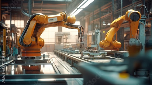 Automated robotic arms engaged in precision work on an industrial assembly line, showcasing modern manufacturing and automation technology.