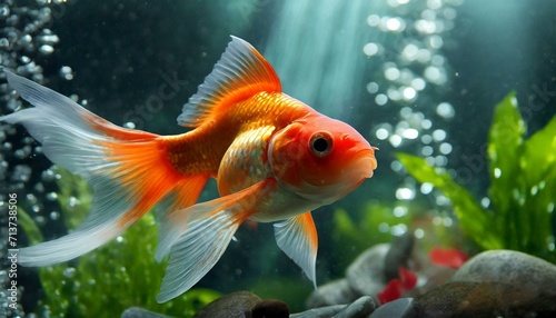 goldfish in aquarium.the enchanting sight of beautifully colored goldfish gliding through an immaculate aquarium environment. Use lighting effects to enhance the brilliance of their colors and create 