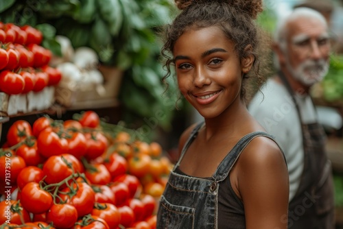 Young Beautiful Customer Shopping for Fresh Natural Vegetables for a Mediterranean Dinner. Black Female Buying Bio Tomatoes and Ecological Local Garlic From a Happy Senior Street Vendor.