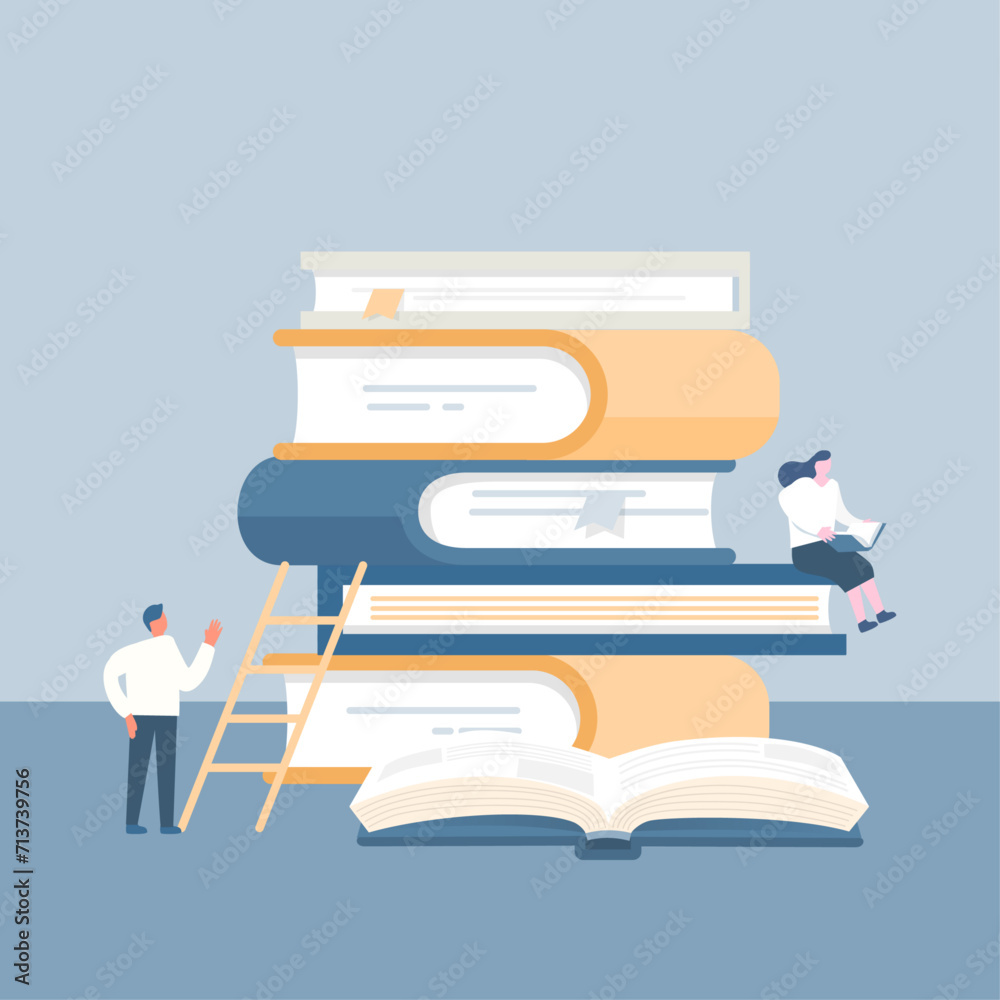 flat desgin illustration of books and working people