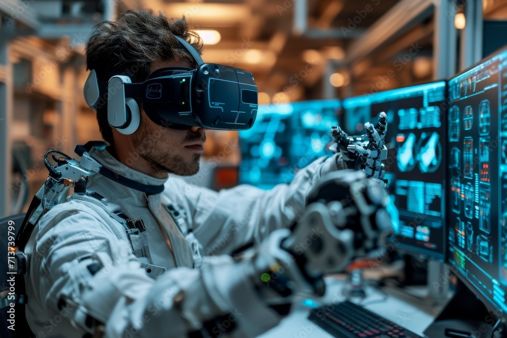 
Student Engineer Wearing Virtual Reality Headset Holding Joysticks and Controlling Bionic Limb While Actions Displayed on Screen. Modern Equipment and Computer Science Education in University Concept