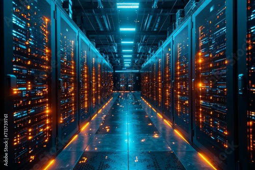 Shot of Corridor in Working Data Center Full of Rack Servers and Supercomputers with High Internet Visualisation Projection. photo