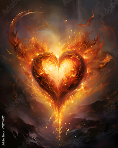 Burning heart on a dark background. Fire in the form of a heart.