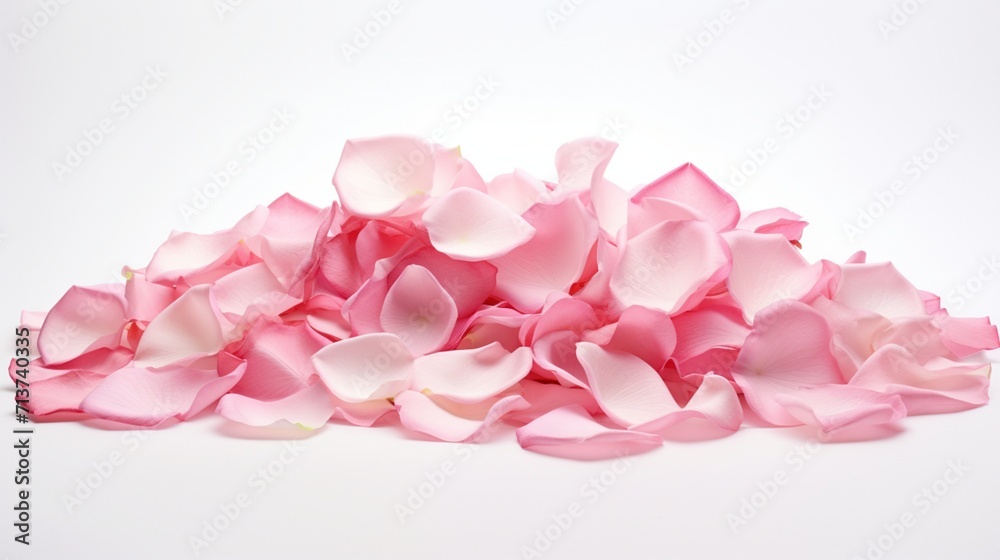 a delicate pile of rose petals, arranged in a gentle curve against a pristine white background, radiating the beauty and fragrance of nature's ephemeral art.