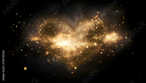 Golden heart with sparkles on black background. 3D illustration.