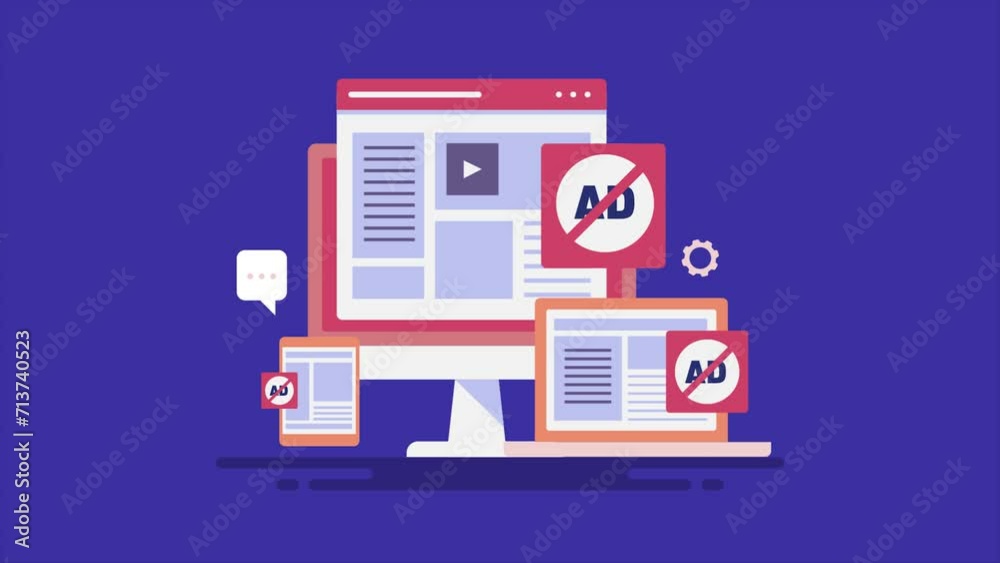 Online ad blocker software preventing unwanted advertising popup on screen, Safe internet browsing user data protection on digital devices conceptual video animation.