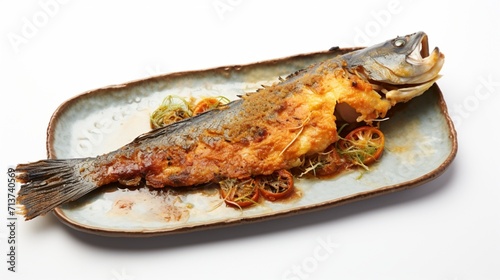 a fried fish planks in colorful plate against a white background.