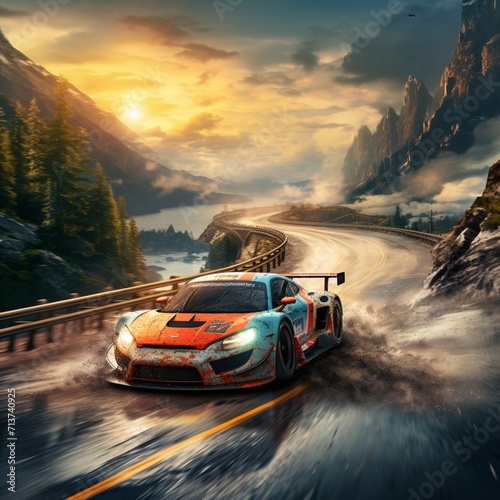 Beautiful scenery racing car image Generative AI