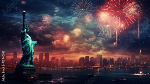 Statue of Liberty and New York City skyline at night with fireworks © LestariFajrin