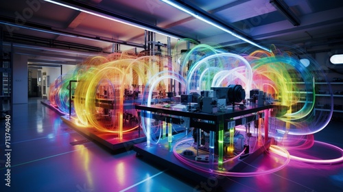 a laboratory setting, where scientists study colorful optical fibers and cables, their experiments contributing to advancements in high-speed data transmission,