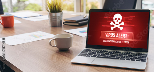 Fotografía Virus warning alert on computer screen detected modish cyber threat , hacker, co