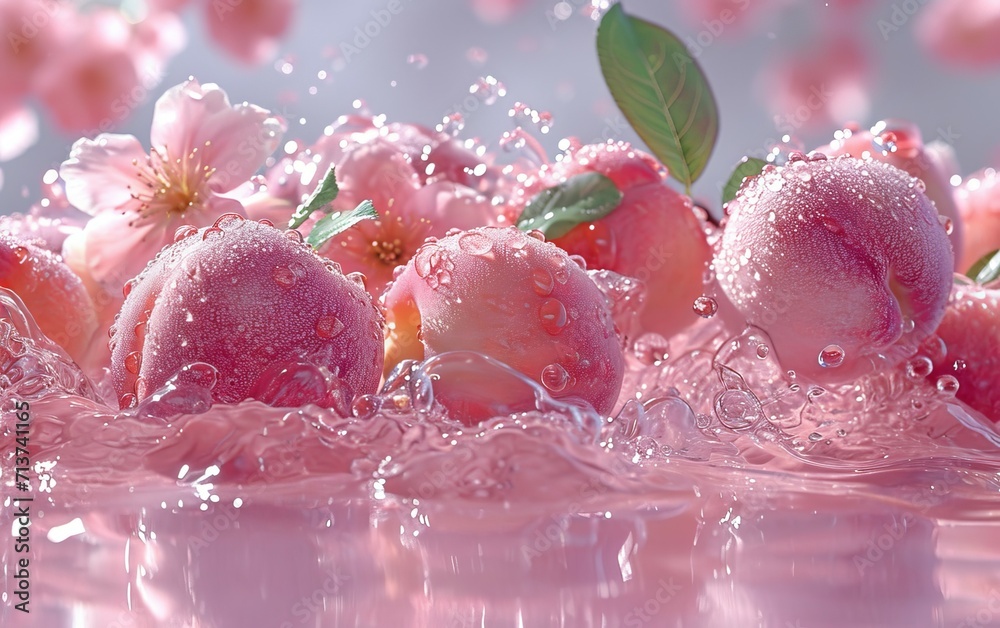 Water splashing on Peach and Peach slice isolater on a pink background Water splashing on Peach and Peach slice isolater on a pink background