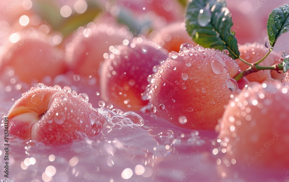 Water splashing on Peach and Peach slice isolater on a pink background Water splashing on Peach and Peach slice isolater on a pink background