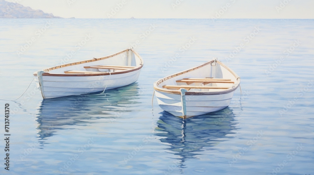 a pair of traditional wooden dories, gently rocking on calm waters, their rustic charm highlighted against the simplicity of a clean and inviting white canvas.