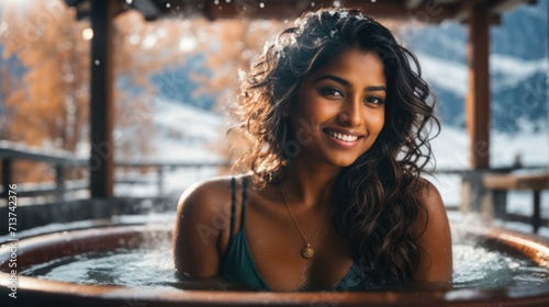 A beautiful young woman smiling in a hot tub. Generative AI. © serg3d
