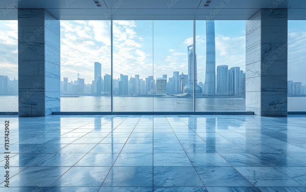 Empty cement floor with modern city skyline in blue sky background.