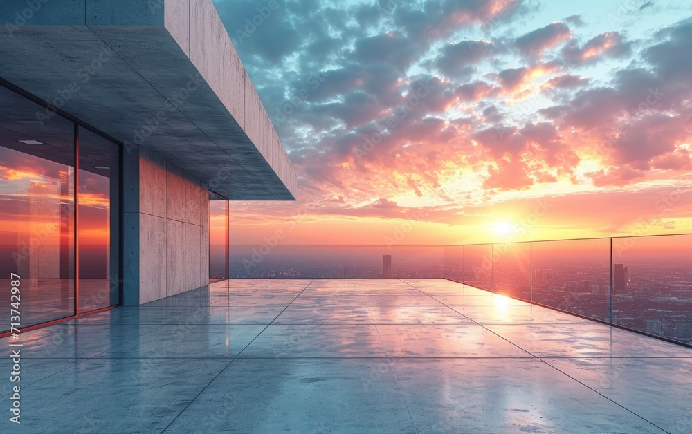 Horizontal view of empty cement floor with steel and glass modern building exterior. Early morning scene. Horizontal view of empty cement floor with steel and glass modern building exterior. Early morning scene.