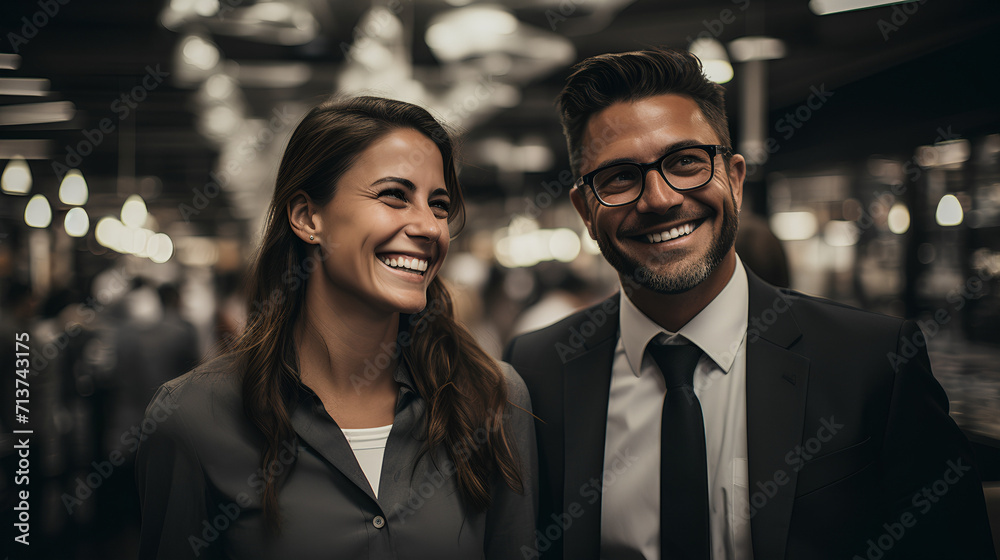 Office workers - lobby - smiling and confident - open office space - determined and prepared - business leaders - team leaders 