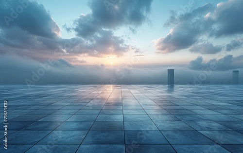 Horizontal view of empty cement floor with early morning scene. © hugo