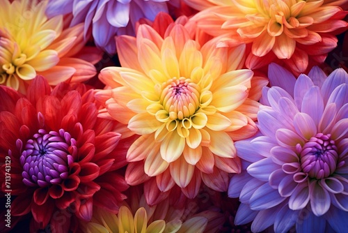 Stunning close-up of a chrysanthemum  a colorful floral background with shades of yellow  red  and purple. Generative AI
