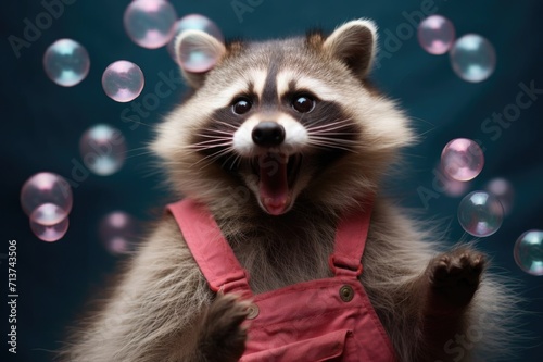 Funny raccoon,soap bubbles,raccoon delight,open mouth,raccoon girl in pink jumpsuit © schukoba