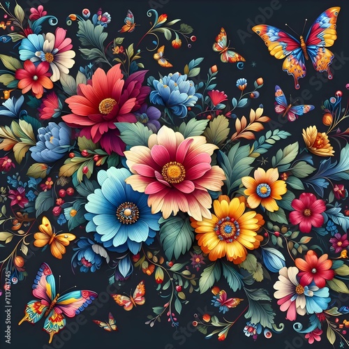 A vibrant and colorful floral pattern set against a dark background with flowers, leaves, and butterflies